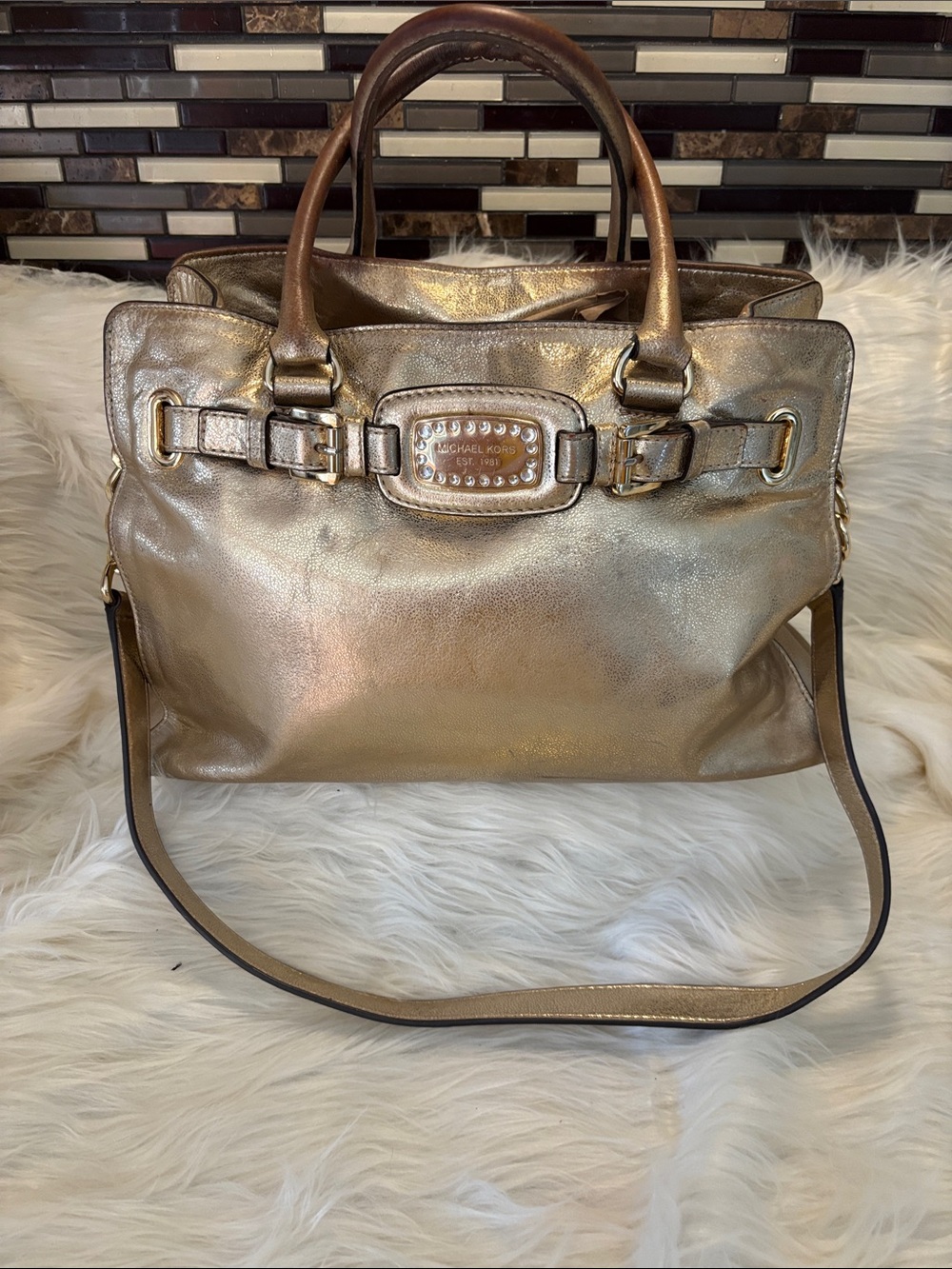Michael Kors Gold Leather Tote Satchel with Stud Accents